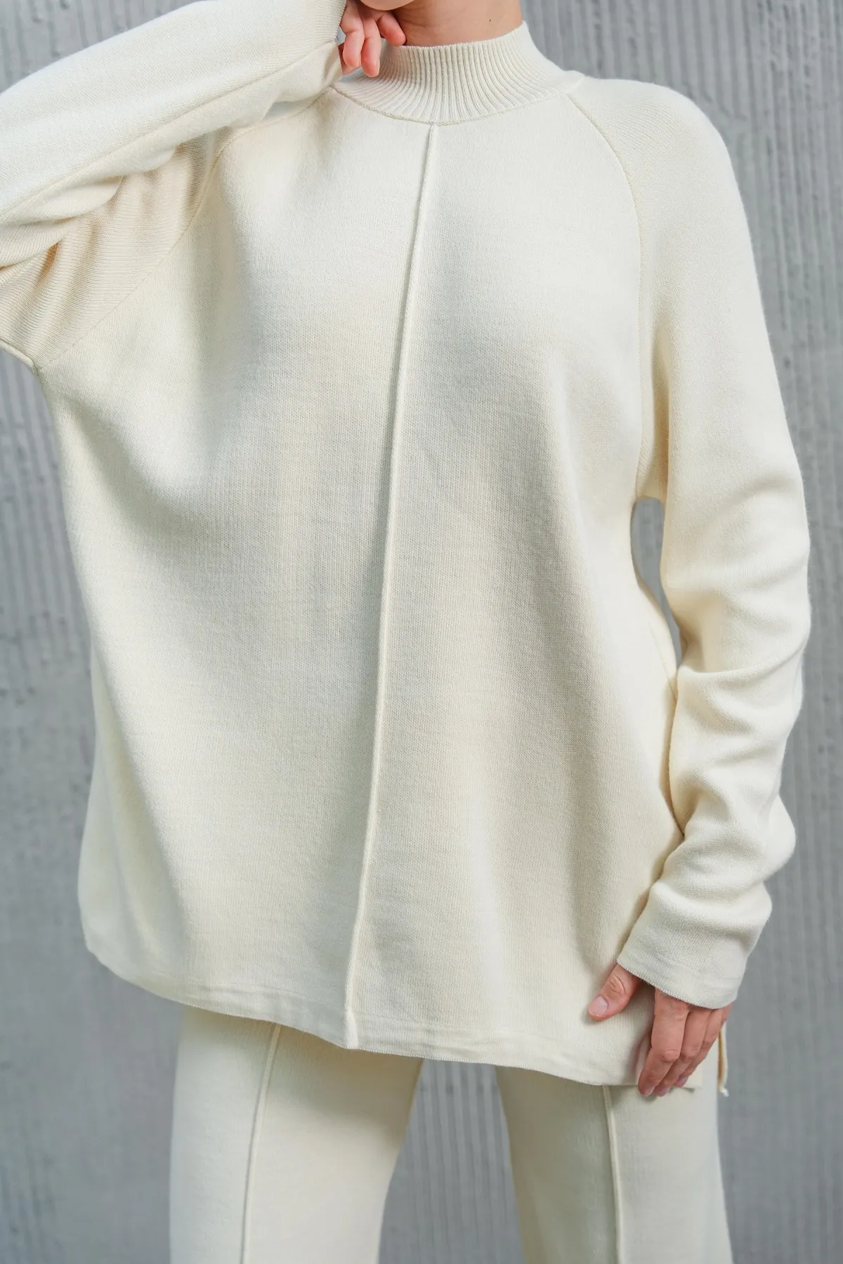 bayansepeti  Flexibler Strickstoff, Stehkragen, Langarm-Oberteil und geschlitztes Beinteil, Ecru, Hijab-Unterteil-Oberteil-Set 1070