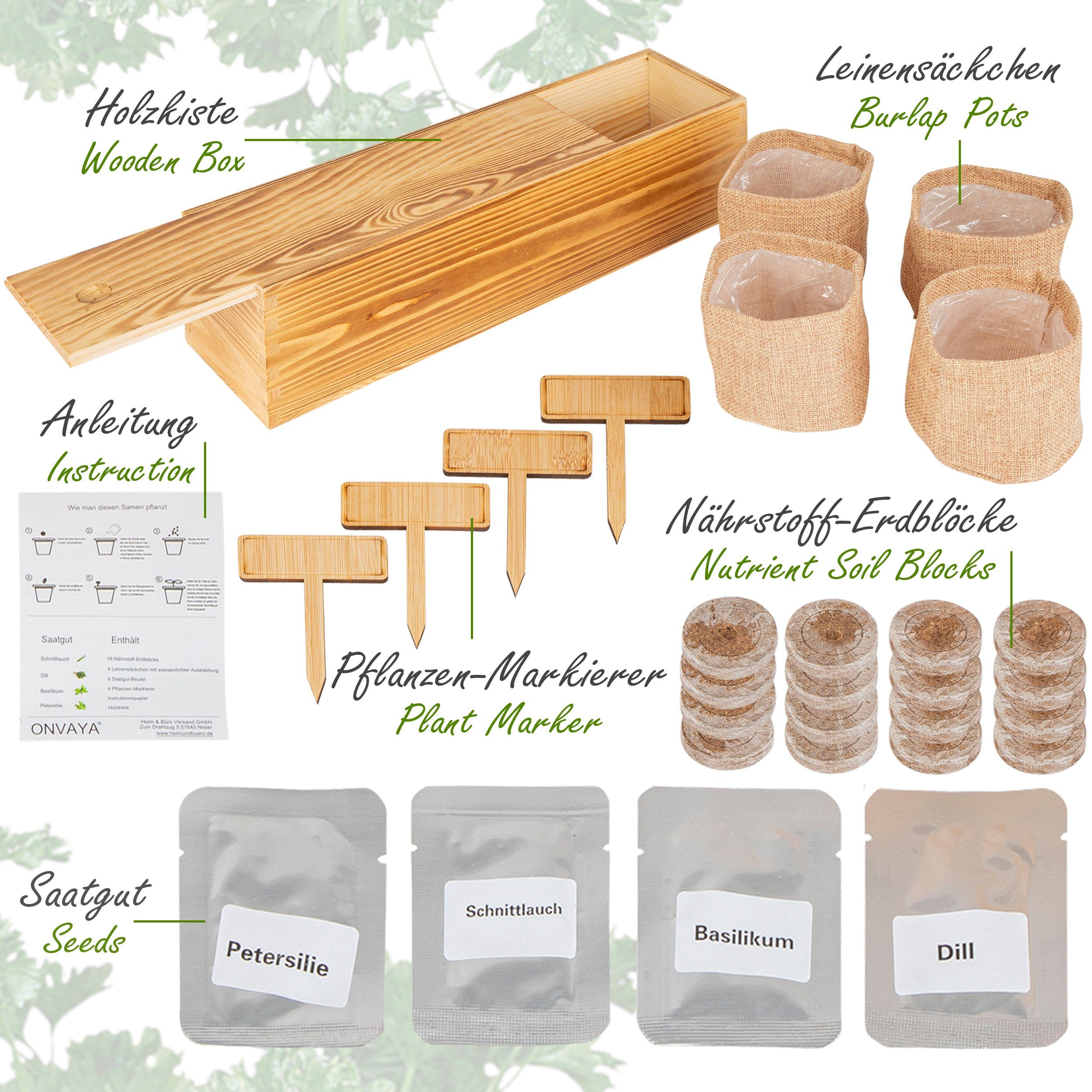 ONVAYA Anzucht- und Kräutererde Kräuter Anzuchtset mit Holzkiste, Indoor Mini-Kräutergarten, (1-St)