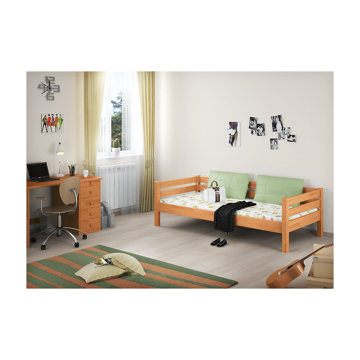 Etagenbett 90x200 Buche natur mit Rollrosten und Matratzen