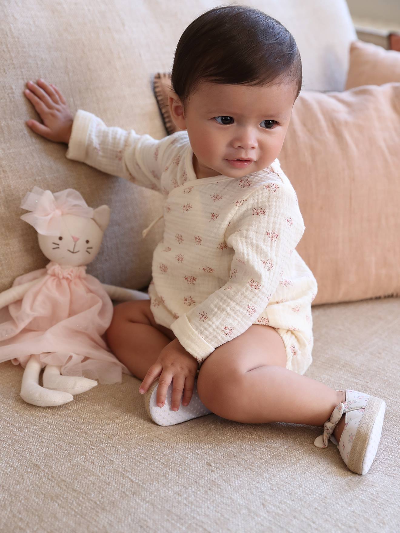Body fleuri en gaze de coton bébé naissance manches longues écru