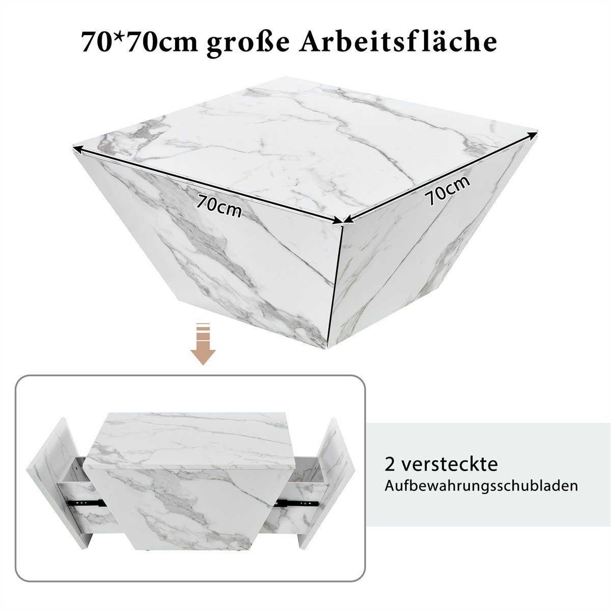 XDeer Couchtisch Moderner Trommel Couchtisch(weiß,70*70*37cm)Wohnzimmertisch, Trapezförmiger Kaffeetisch,Marmorfurnier Beistelltisch