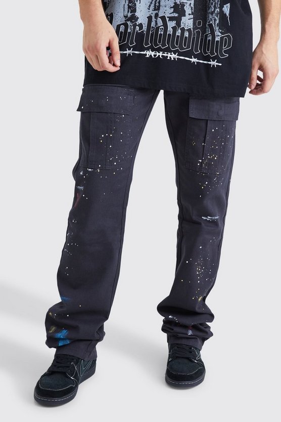 Tall Slim-Fit Cargohose mit Reißverschluss und Farbspritzern