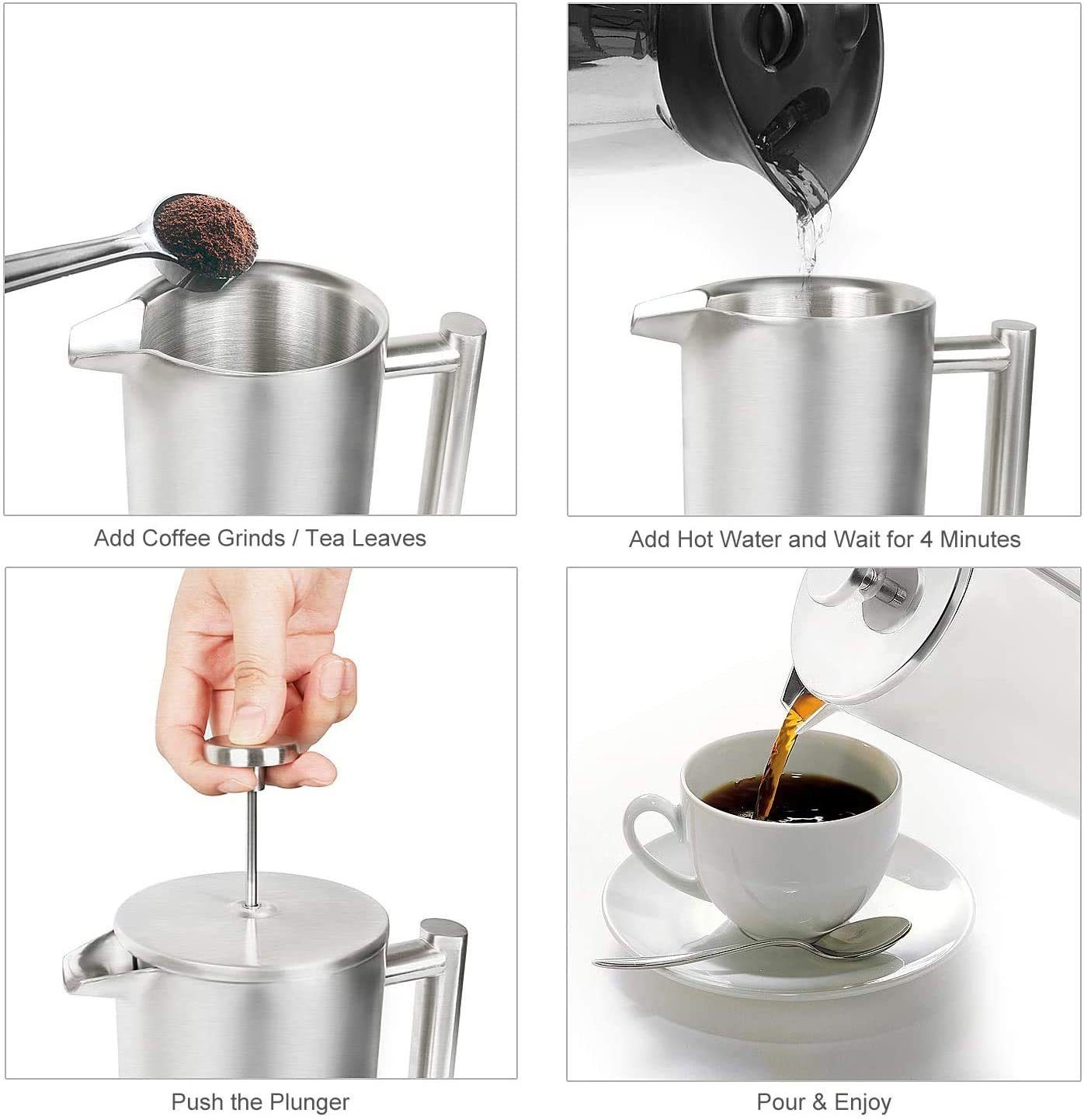 OZAVO Kaffeebereiter OZ230, 6 Edelstahl-Filter Φ9.5cm, Kaffeekanne, 1L Doppelwandig French Press System, Doppelwandig Edelstahl Kaffepresse