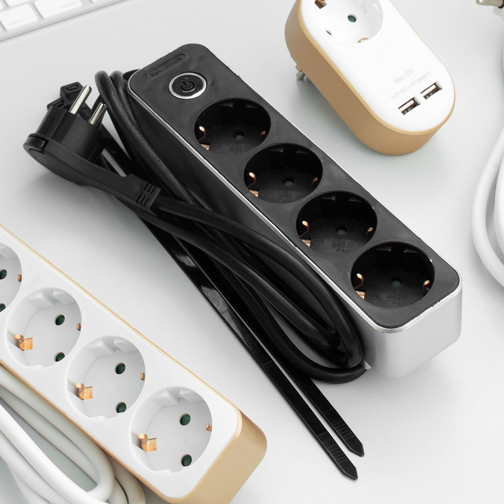 Powertec Electric Design-Steckdosenleiste, 4-fach mit Tischbefestigung - Schwarz/Silber