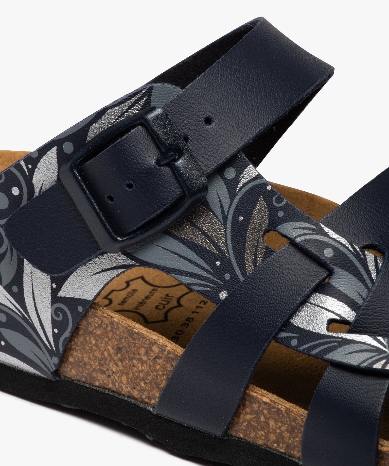 Mules femme à talon plat et brides multiples imprimées bleu | GEMO
