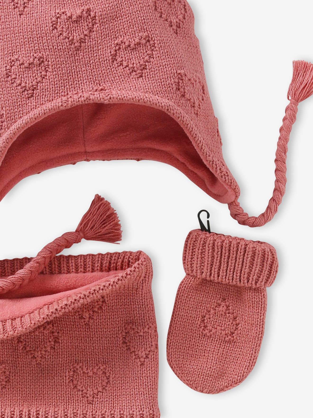 Vertbaudet Mädchen Baby-Set: Mütze, Rundschal & Fäustlinge - altrosa