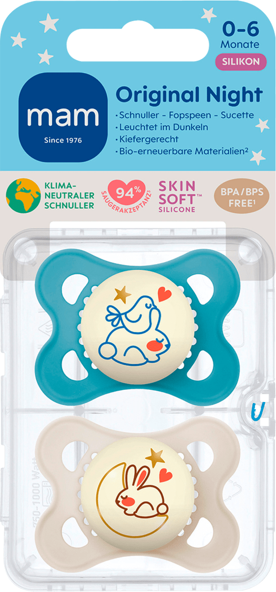 Schnuller Original Night Silikon blau/creme, 0-6 Monate, 2 St