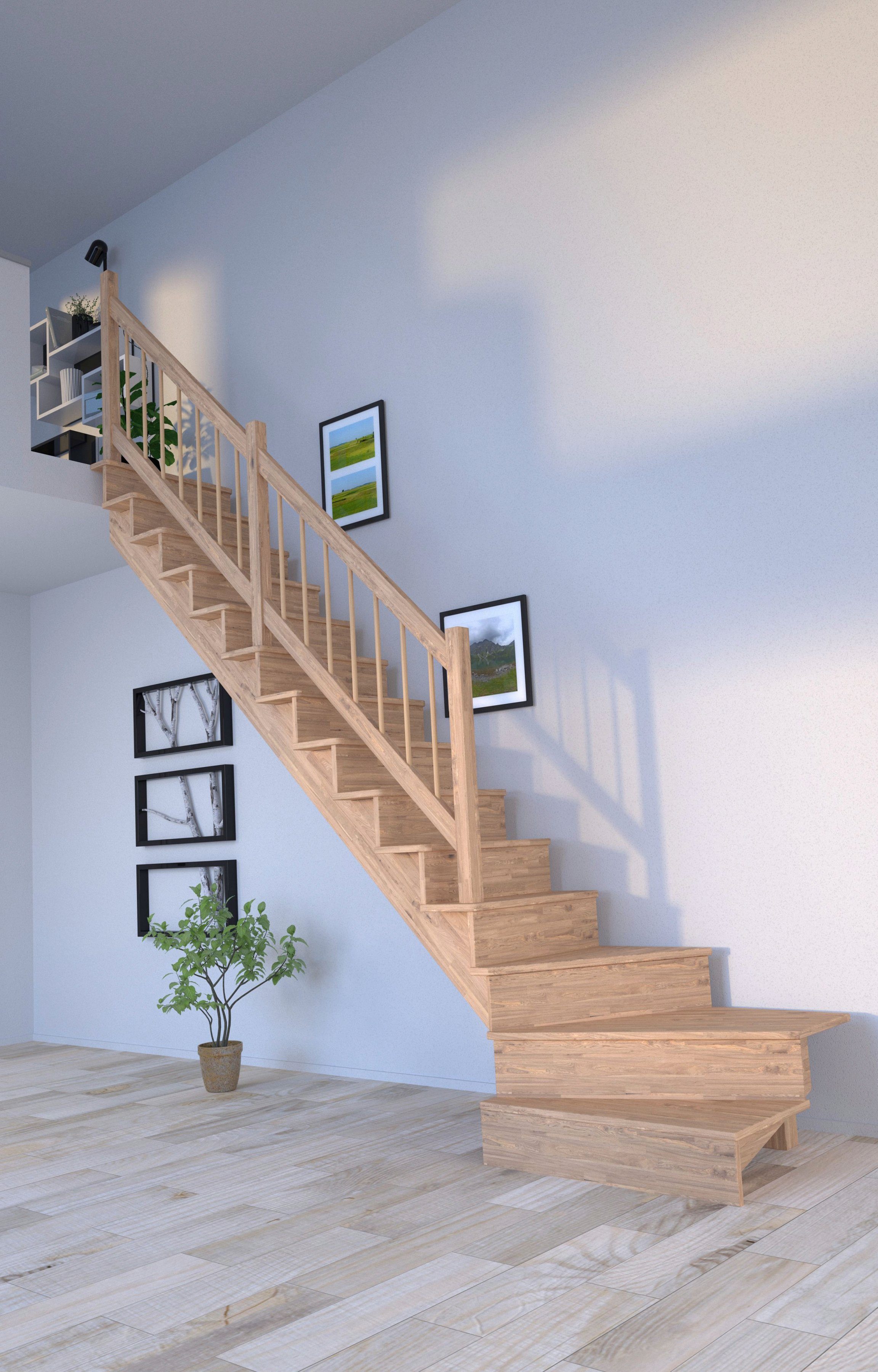 Starwood Systemtreppe Massivholz Lindos, Holz-Holz Design Geländer, für Geschosshöhen bis 300 cm, Stufen geschlossen, gewendelt Links, Durchgehende Wangenteile