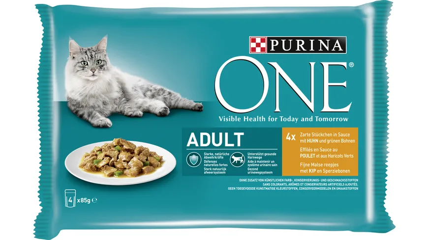PURINA ONE Adult Zarte Stückchen in Sauce mit Huhn und grünen Bohnen Katzennassfutter 85 g