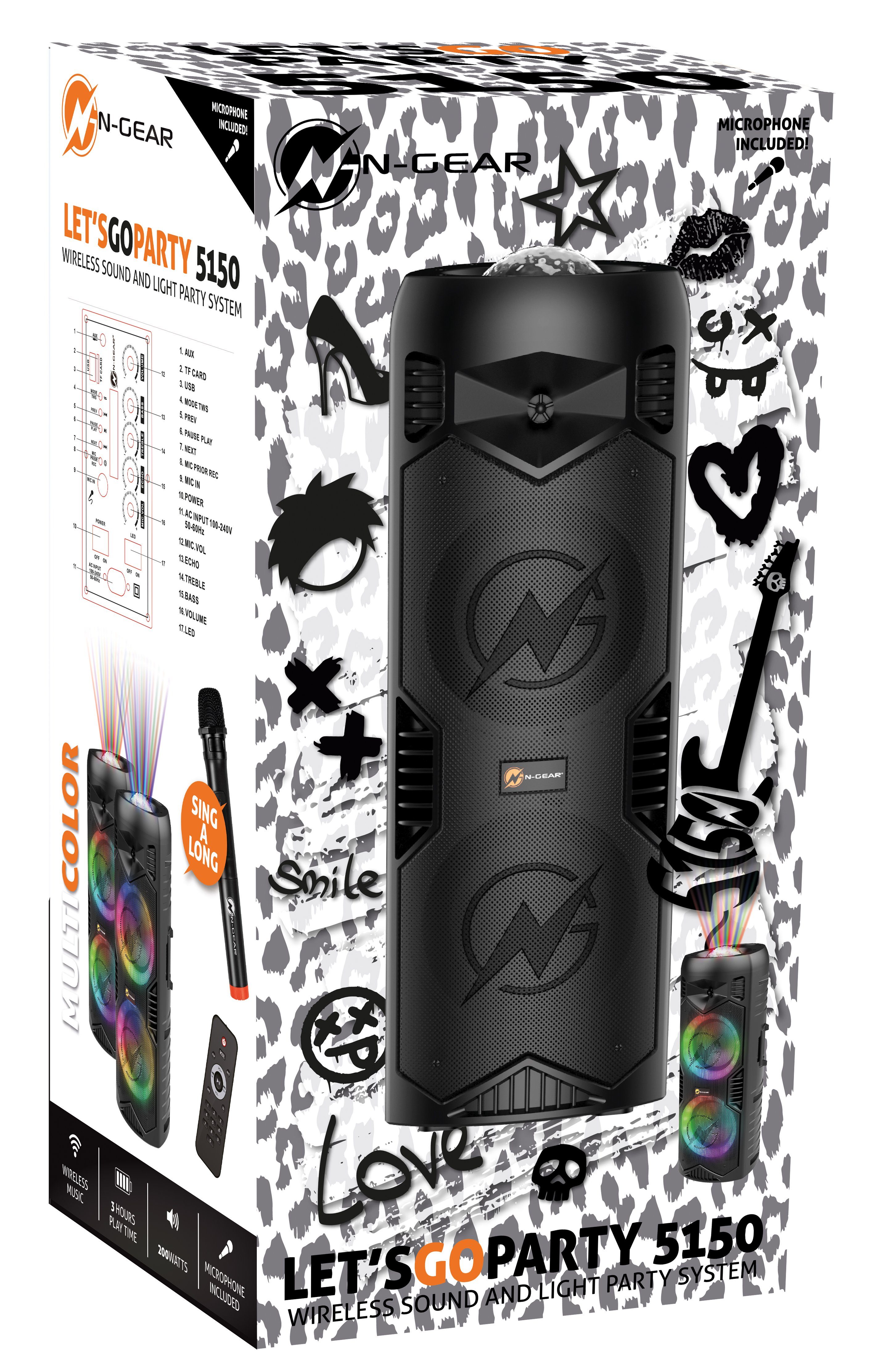 N-GEAR Let's Go Party 5150 Black Bluetooth-Lautsprecher (inklusive Fernbedienung, Drahtloses Mikrofon im Lieferumfang enthalten)