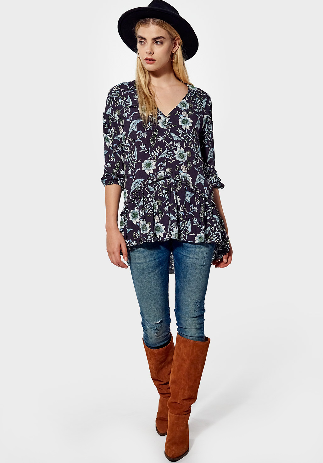SIJAN  Blouse loose Femme fleurie bleue