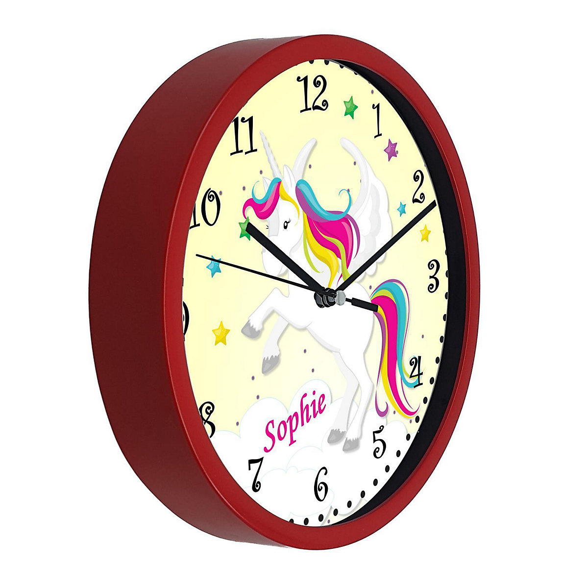 Kinder Wanduhr laufruhig personalisiert mit Name Pegasus Gelb