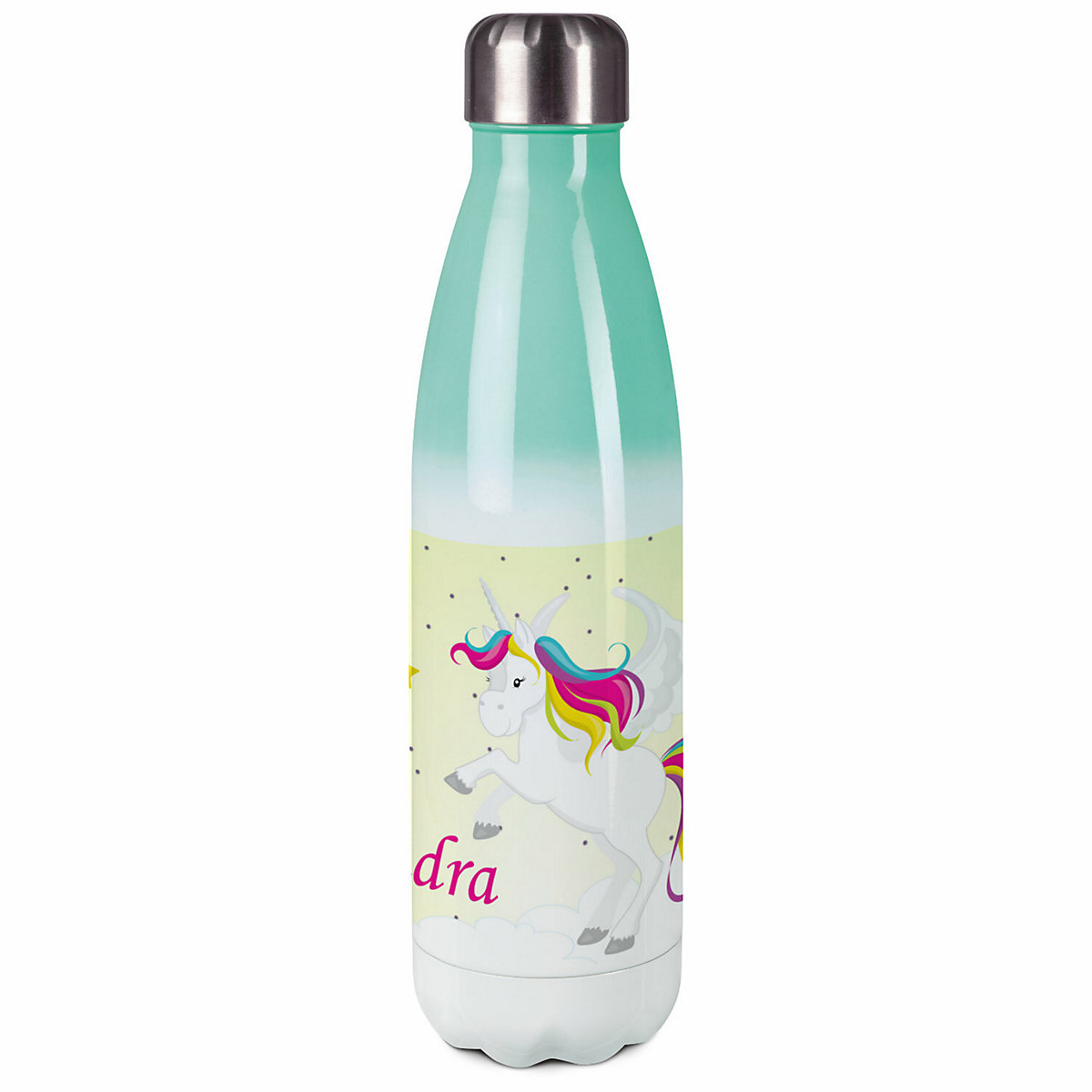 Edelstahl Kinder Thermoflasche / Trinkflasche bunt Pegasus Farbe gelb Spülmaschinenfest, Auslaufsicher, Bruchfest, Doppelwandig, Für Heißgetränke geeignet, Mit Deckel, Isoliert