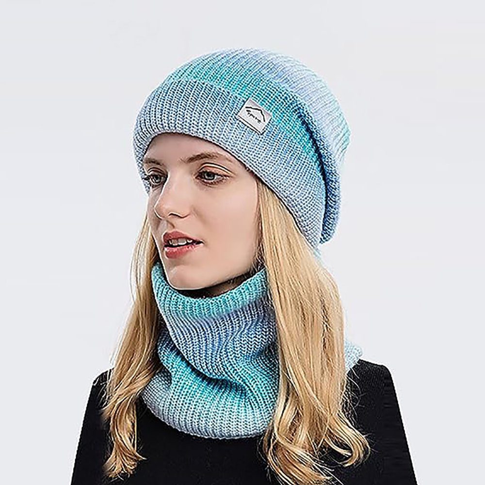 Strickmütze Damen Wollmütze verdickt warme Ohrenschützer kalt gestrickt Mütze (Zweiteiliges Set, bestehend aus Mütze und Schal) Verdickte warme Wollmütze mit Farbverlauf