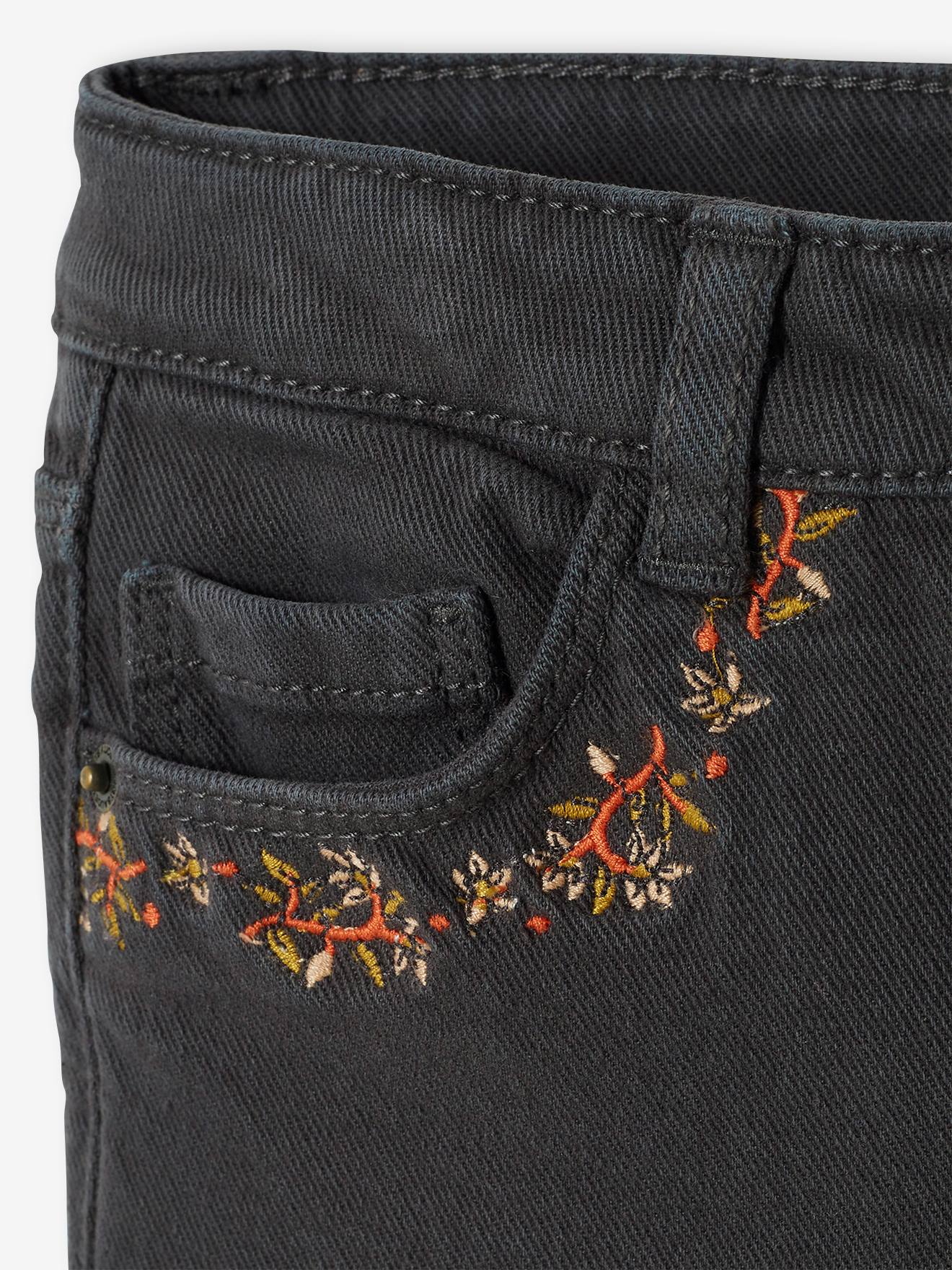 Pantalon flare brodé aux poches fille denim black