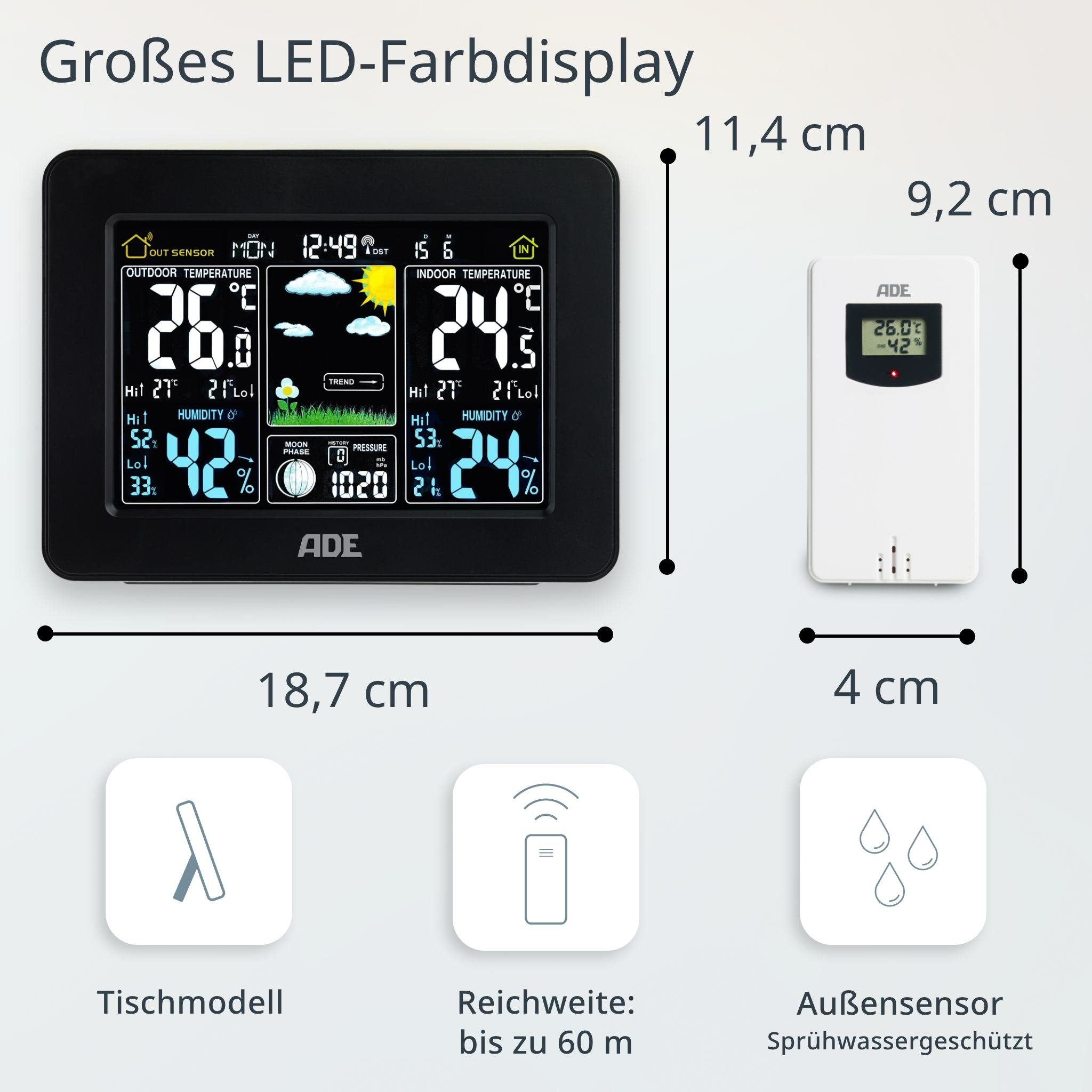 ADE Wetterstation Funk mit Außensensor und Vorhersage Funkwetterstation (mit Luftdruckanzeige, LED-Farbdisplay, Weckfunktion, beleuchtet)