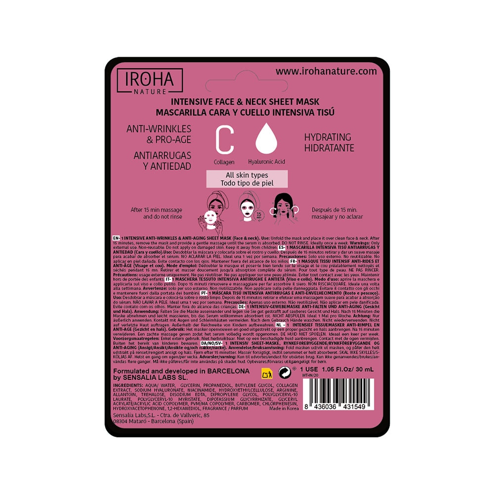 iroha Masque visage et cou - ANTI-RIDES ET ANTI-ÂGE - Collagène -Clean Beauty Masque Visage et Cou en tissu 100% Biodégradable