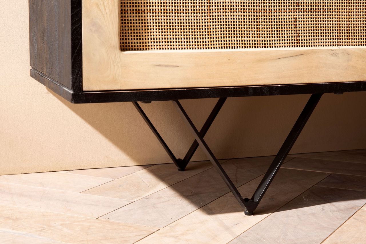 Wohnling Sideboard 175x75x45 cm Massivholz Rattan Anrichte Kommodenschrank