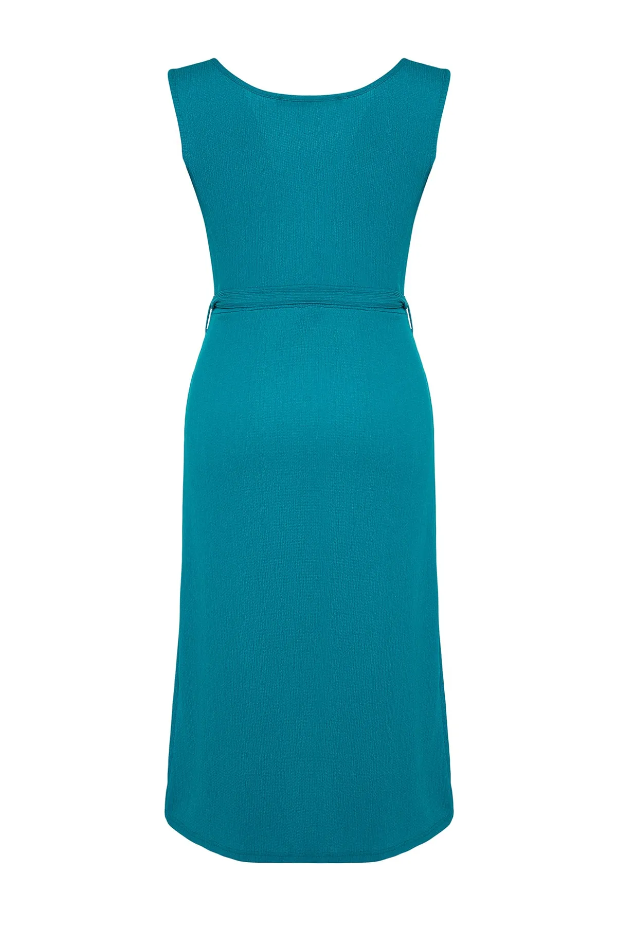 Trendyol Curve  Petrolfarbenes, zweireihiges Strickkleid mit Gürtel TBBSS22AH0144