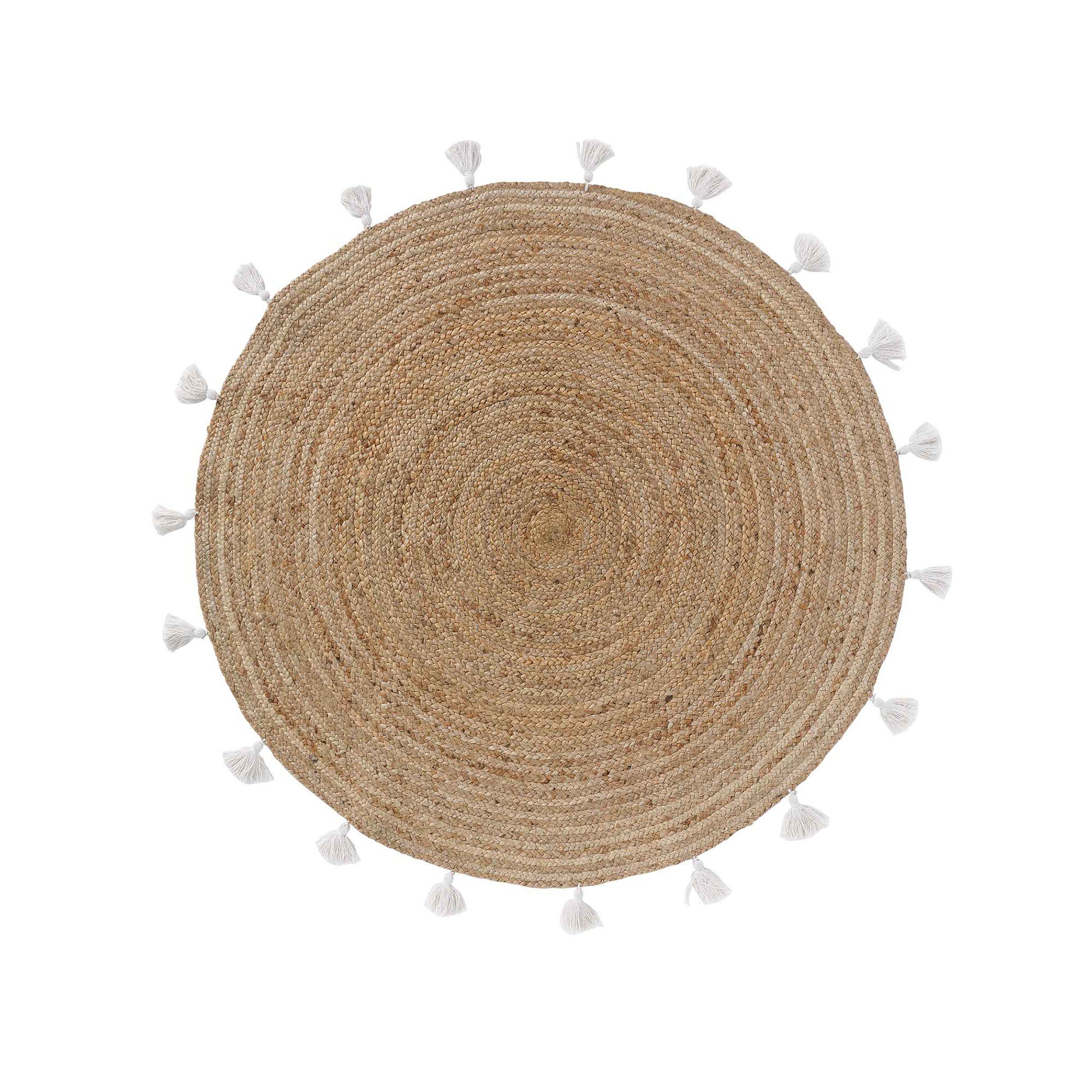 Tapis rond en jute avec pompons de couleur