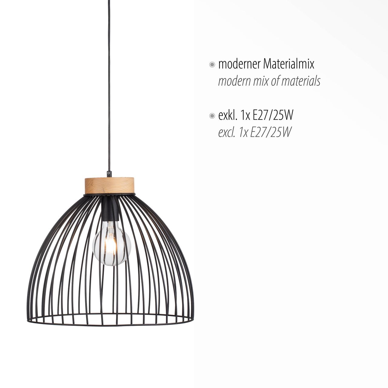 JUST LIGHT LeuchtenDirekt LAMI, Pendelleuchte 1-flammig, E27 Leuchtmittel a max. 25,00 Watt, Metallschirm, Ø40cm, schwarz
