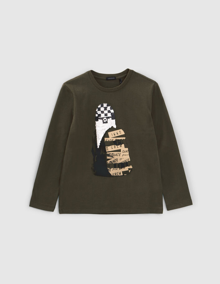 T-shirt kaki coton bio skate en sequins réversibles garçon