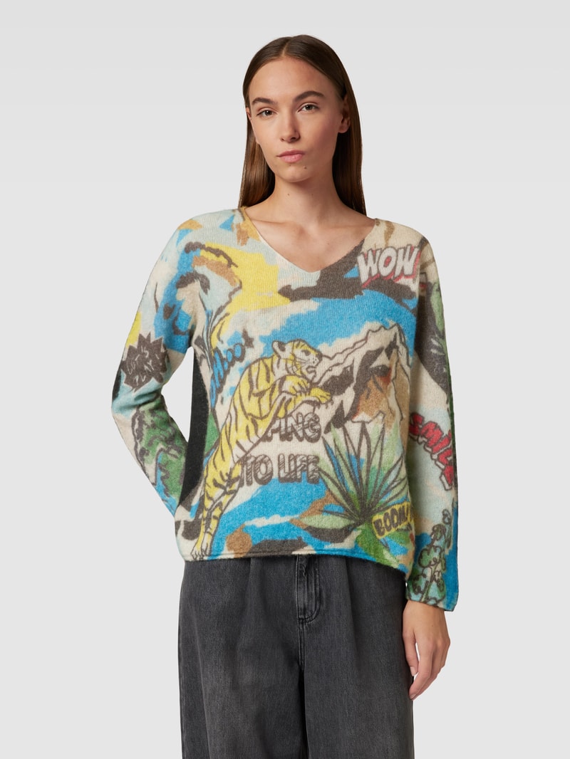 Strickpullover mit Allover-Motiv-Print in petrol