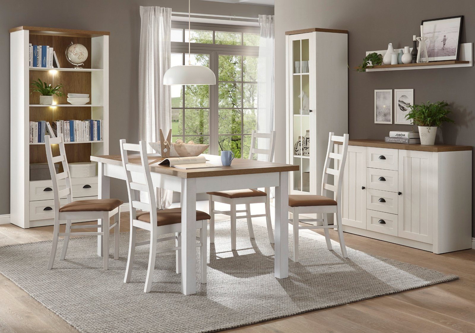 Furn.Design Buffet Seyne (Buffetschrank in Pinie weiß und Eiche hell, 130 x 198 cm) moderner Landhaus-Look, viel Stauraum