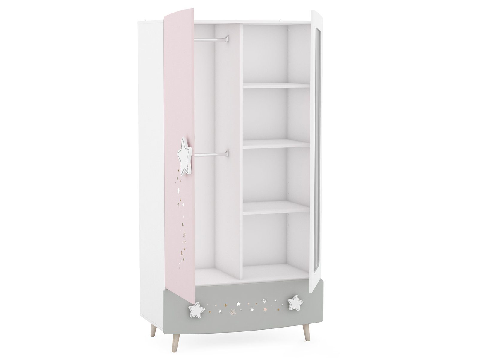 möbelando Jugendzimmer-Set Savannah, (4-St), Modernes Kinderzimmer in Pastellfarben (Weiß/Grau/Rosa), Korpus aus Spanplatte, Front aus MDF bestehend aus 1 Kleiderschrank, 1 Schubladenkommode, 1 Bett und 1 Nachttisch. Individuelle Stellmöglichkeit