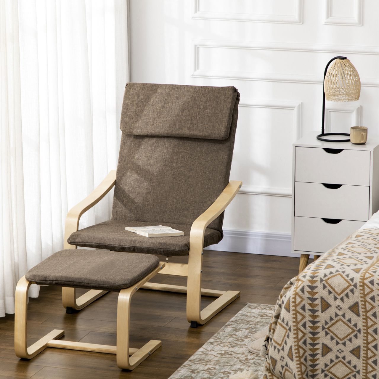 HOMCOM Relaxsessel mit Fußhocker Armlehnensessel Leinenbezug Holzgestell Braun
