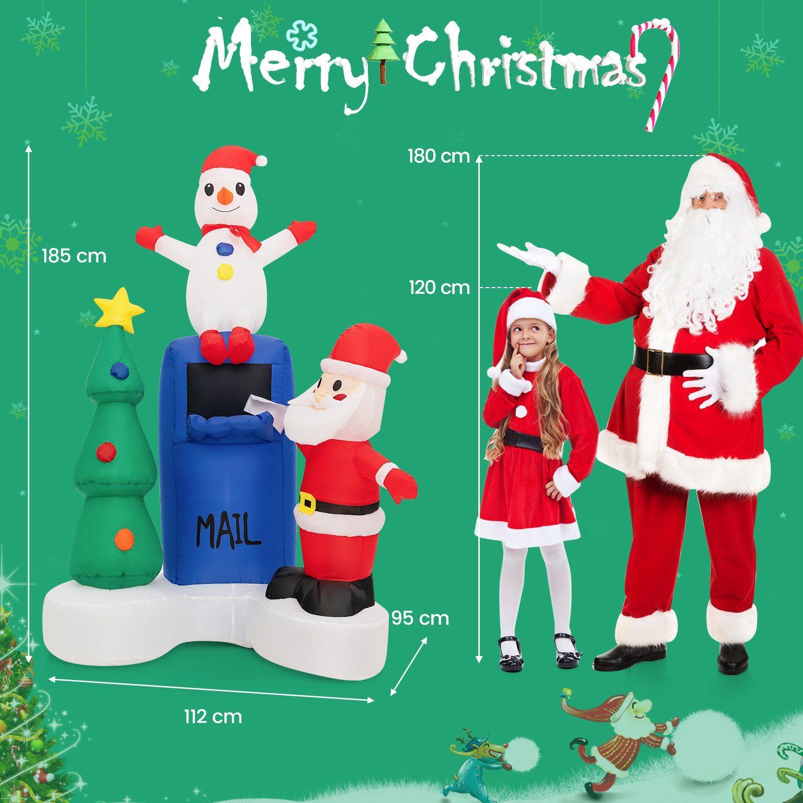 COSTWAY Weihnachtsmann, mit integrierten LED-Lichtern, aufblasbar, 185 cm