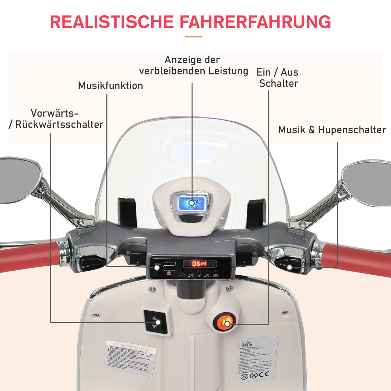 HOMCOM Elektrofahrzeug, Kinderfahrzeug, Kindermotorrad, Elektro-Motorrad mit MP3-Musik Beleuchtung, 3-6 Jahre, PP, Weiß, 108 x 49 x 75 cm