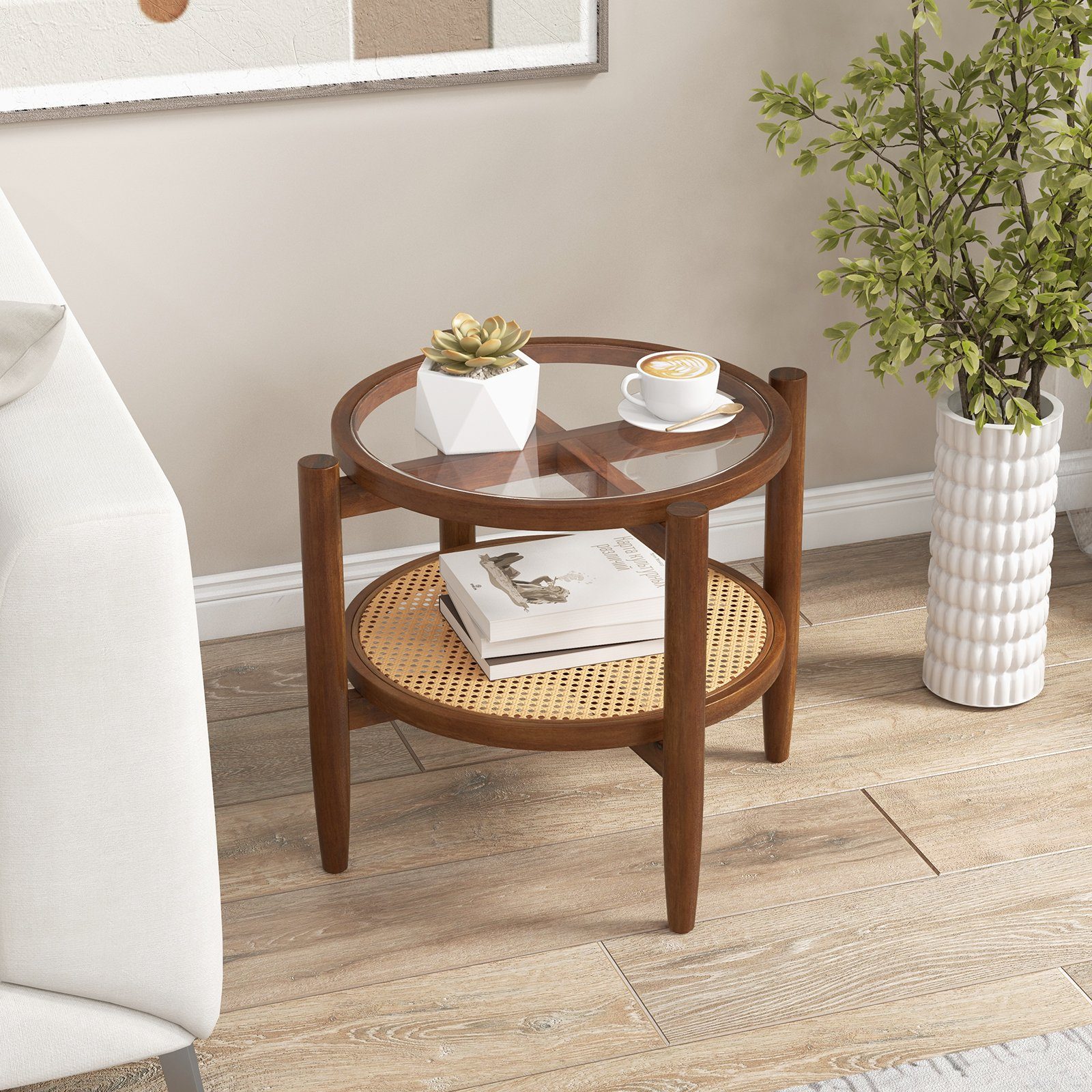 COSTWAY Beistelltisch, gehärtete Glasplatte, mit Rattan Ablage, rund 56x56cm