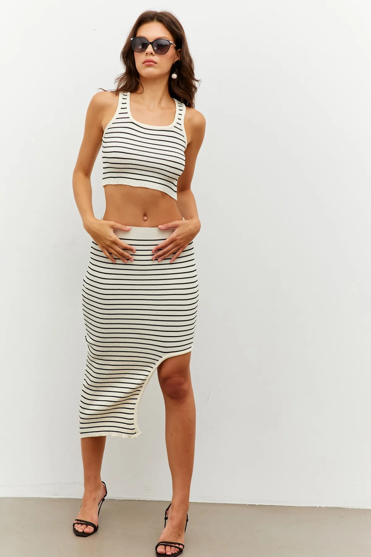 Cool & Sexy  Damen-Set mit Oberteil und Schlitz, ecru, gestreift, KZ2468