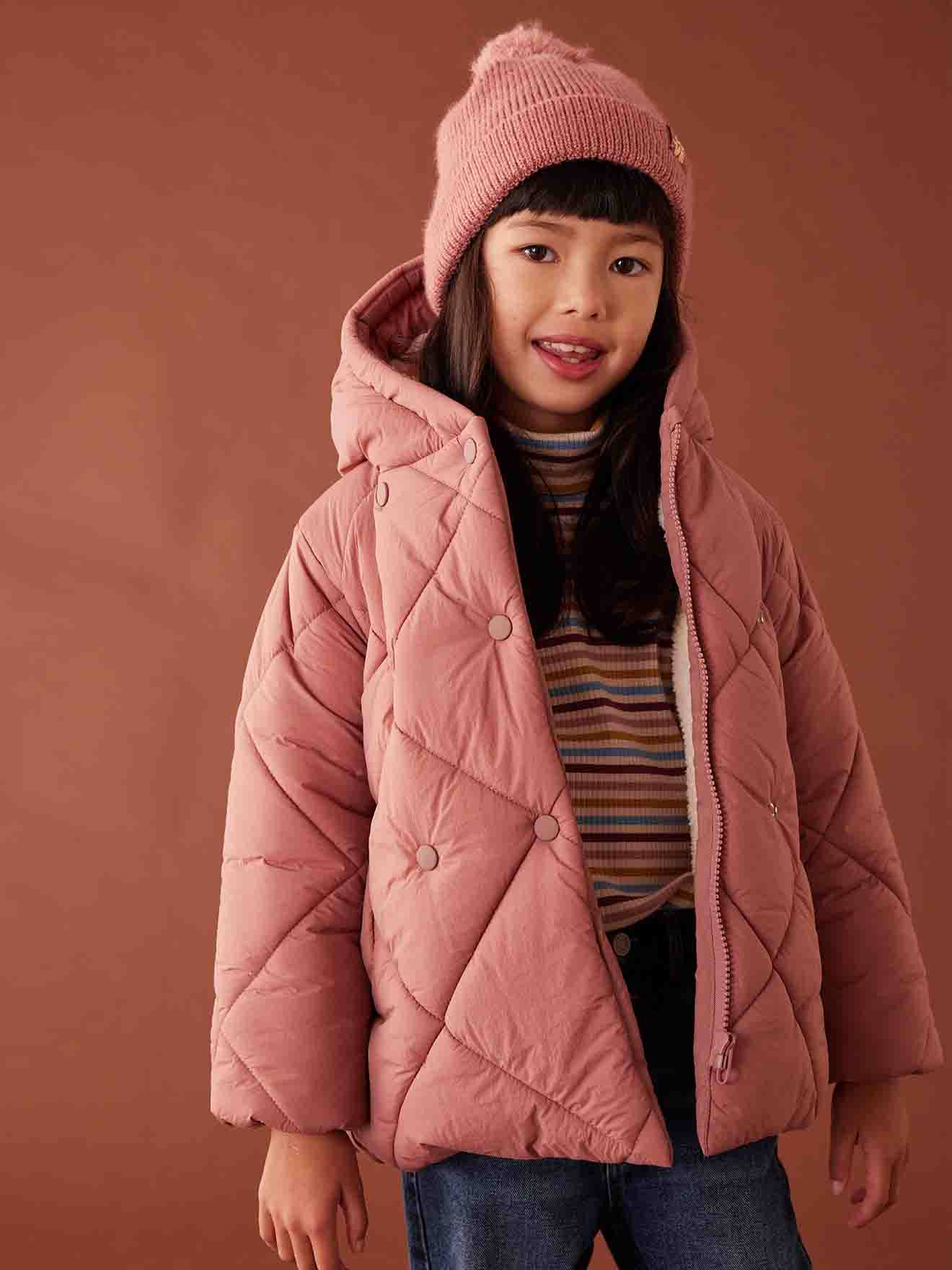 Vertbaudet Mädchen Kapuzen-Steppjacke mit Teddyfleece-Futter, Wattierung Recycling-Polyester - blush