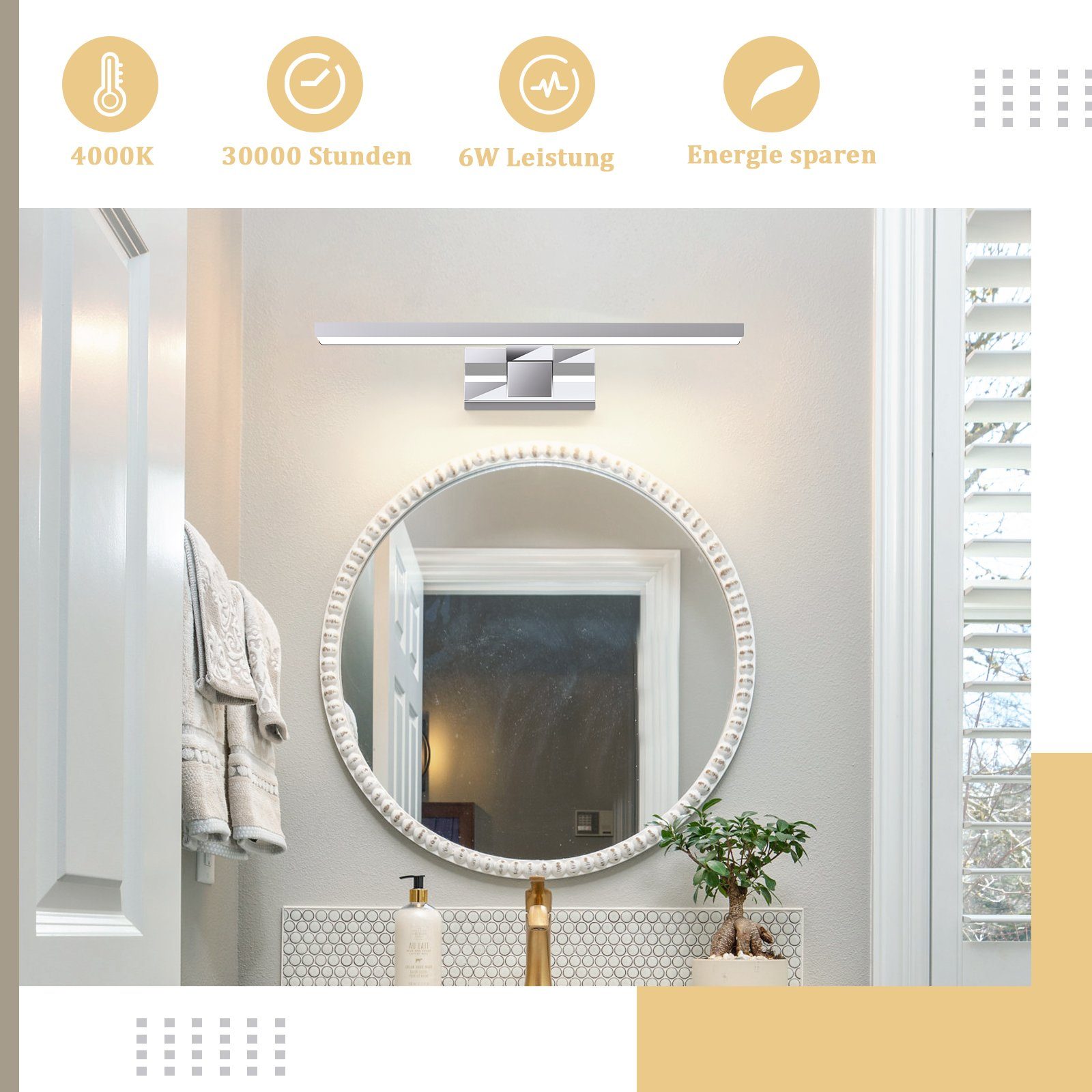 Nettlife LED Spiegelleuchte Bad Spiegellampe Badleuchte Wandlampe Wandleuchte Badlampe, Wasserdicht IP44, LED fest integriert, Neutralweiß, für Badezimmer Keller Küche Badschrank, 6W, 30CM