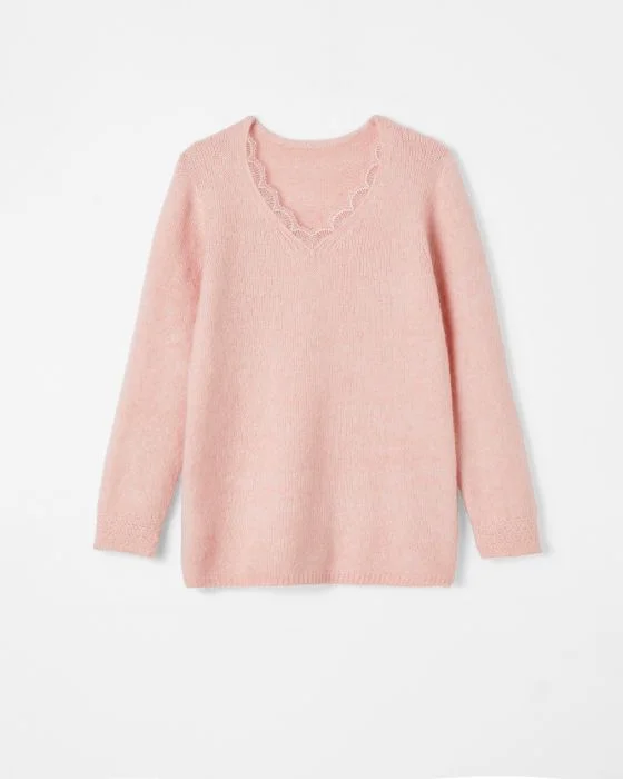 Pull mélange mohair col dentelle