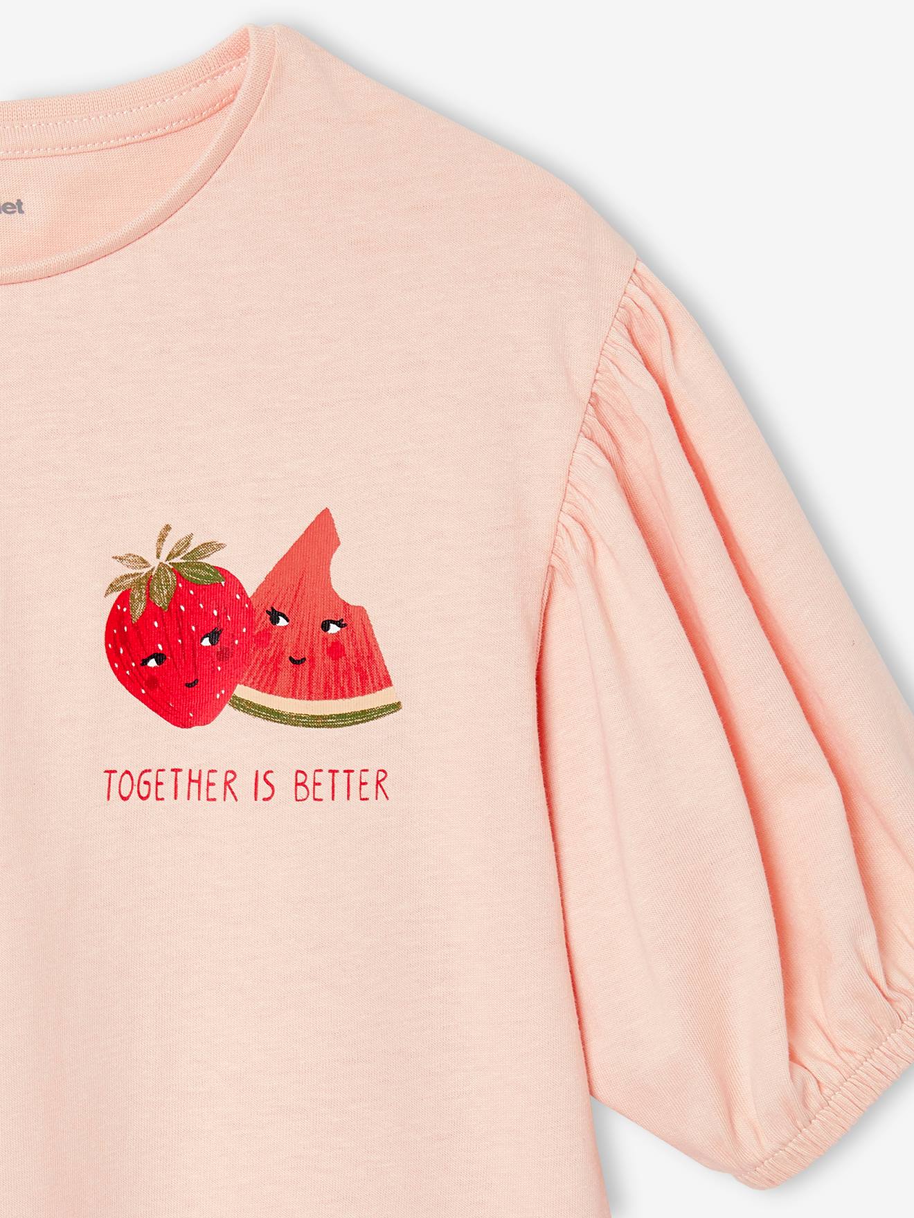 T-shirt manches boules fille motif fruit poitrine rose pâle