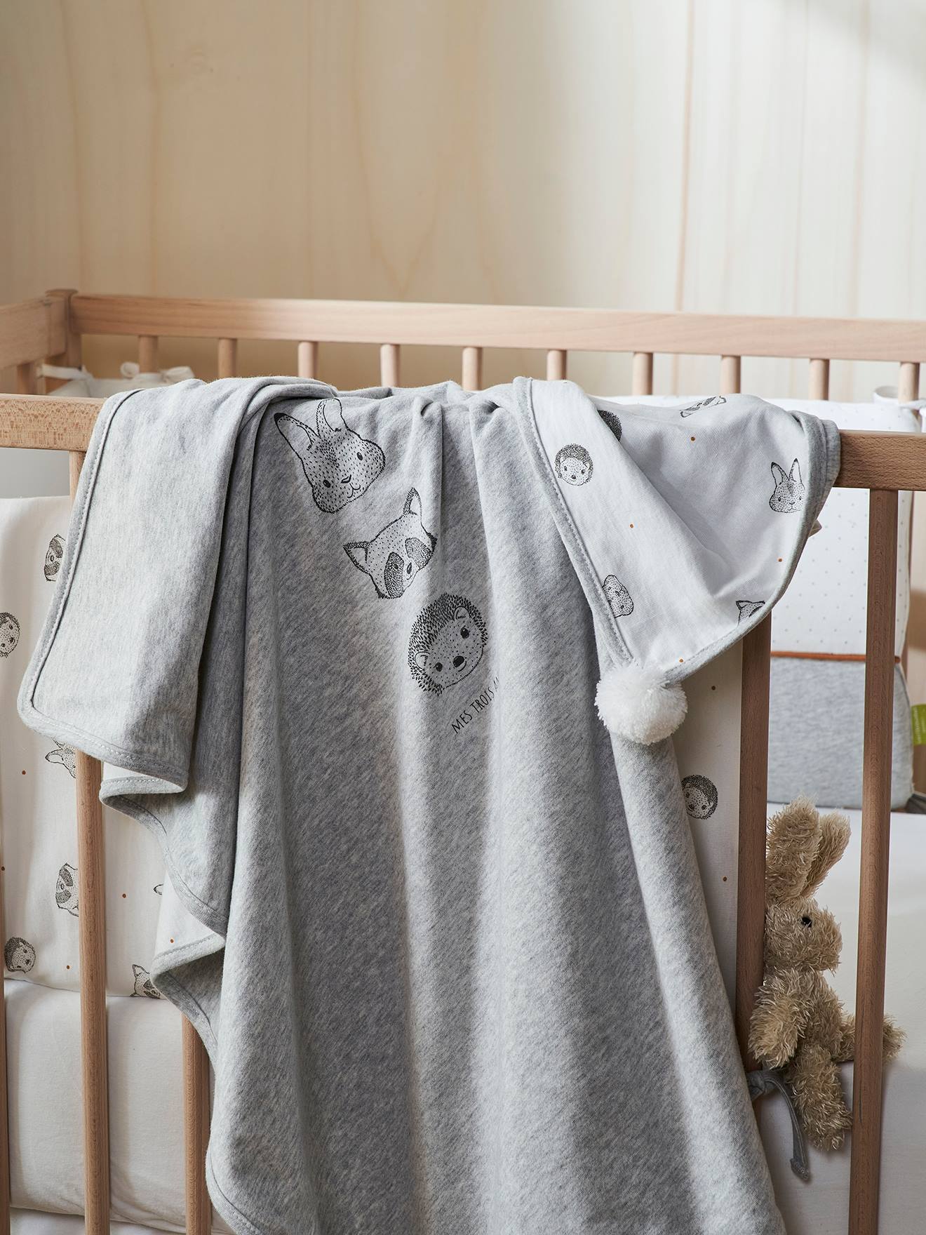 Couverture bébé en maille jersey coton bio* MINI COMPAGNIE écru / gris chiné