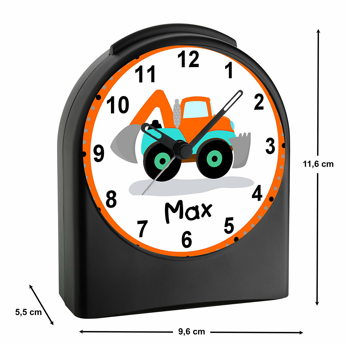 Kinder Funkwecker personalisiert mit Namen Bagger Atom-/Funkuhr, 12-Stunden-Anzeigeformat, Schlummerfunktion, Nachtlicht, Geräuschlos/Ohne Ticken