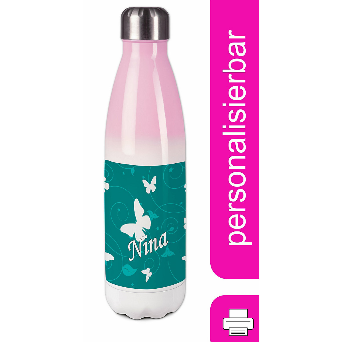 Edelstahl Kinder Thermoflasche / Trinkflasche bunt Schmetterling Ornamente Farbe petrol Spülmaschinenfest, Auslaufsicher, Bruchfest, Doppelwandig, Für Heißgetränke geeignet, Mit Deckel, Isoliert