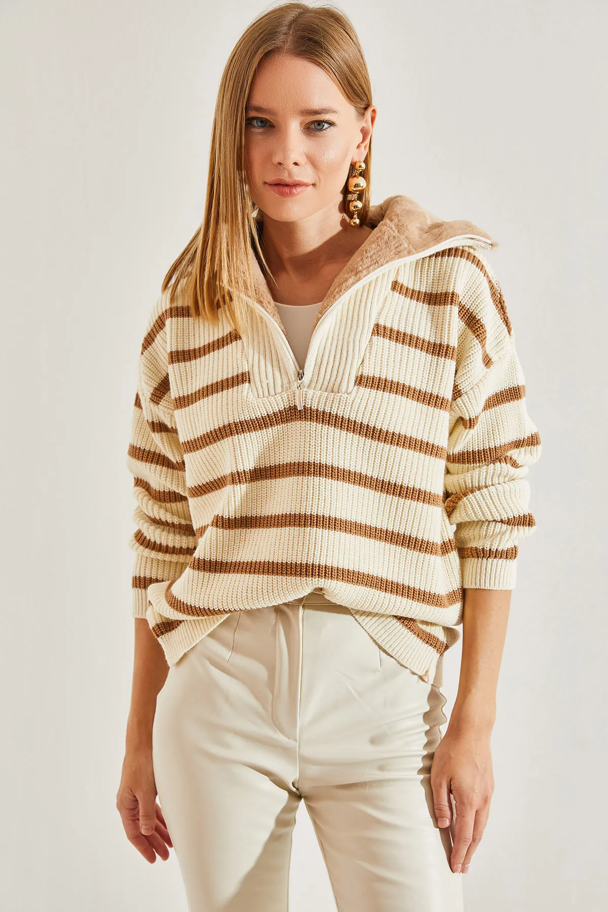 Bianco Lucci  Gestreifter Damen-Strickpullover mit Pelzkragen und Reißverschluss