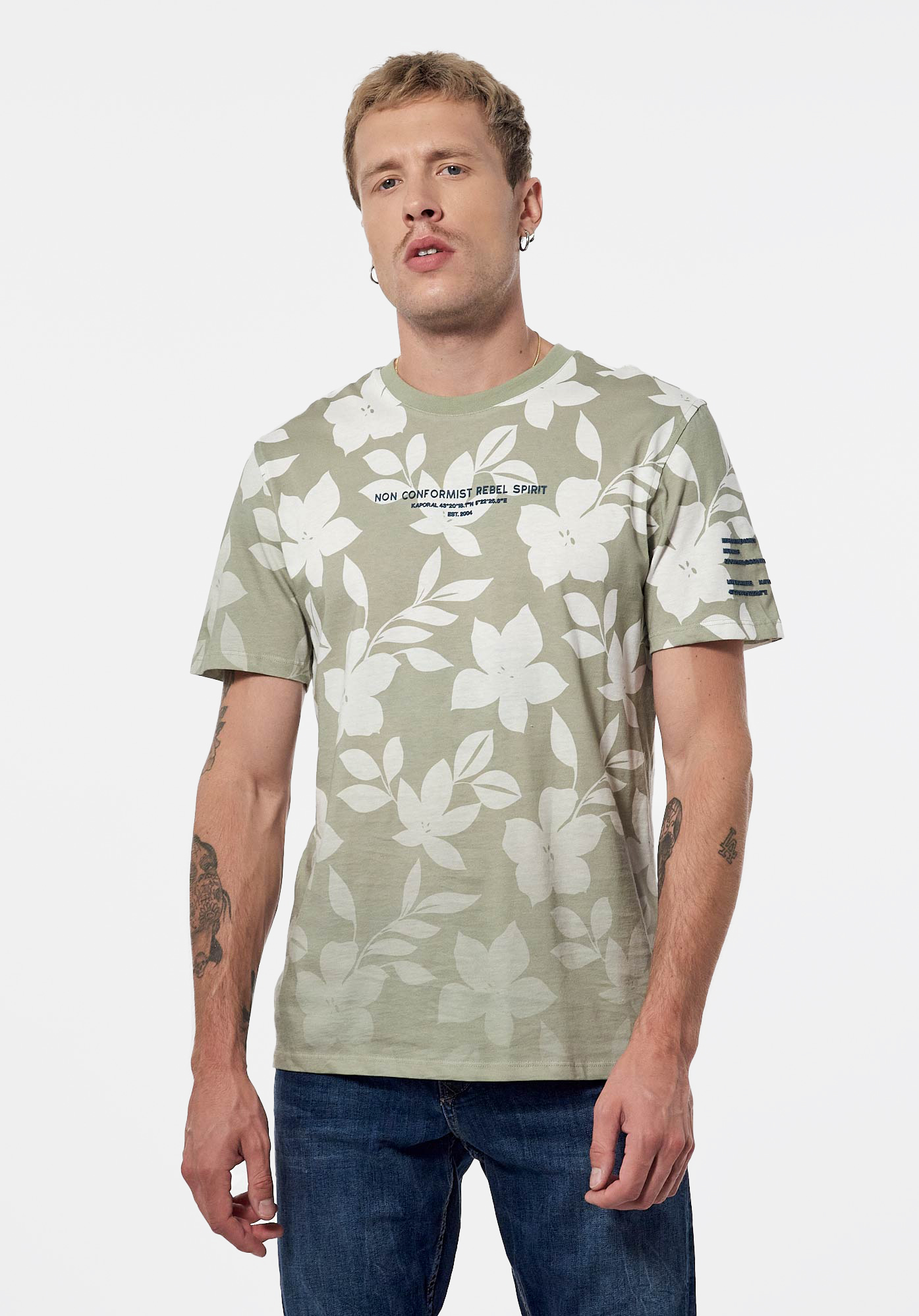 BOGO   T-shirt kaki fleuri Homme en 100% coton