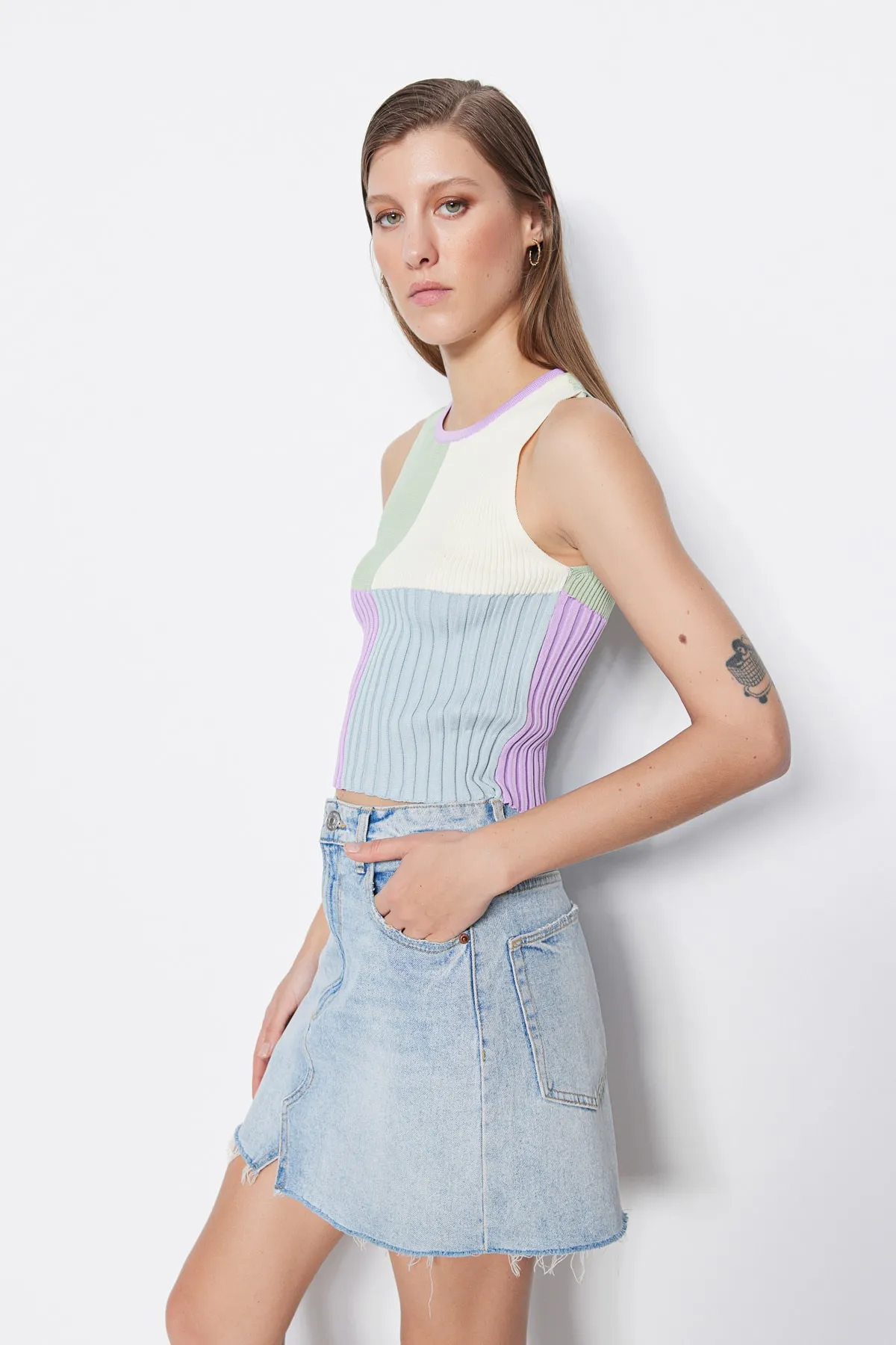 Trendyol Collection  Lilac Crop Color Blocked Strickbluse TWOSS22BZ1003