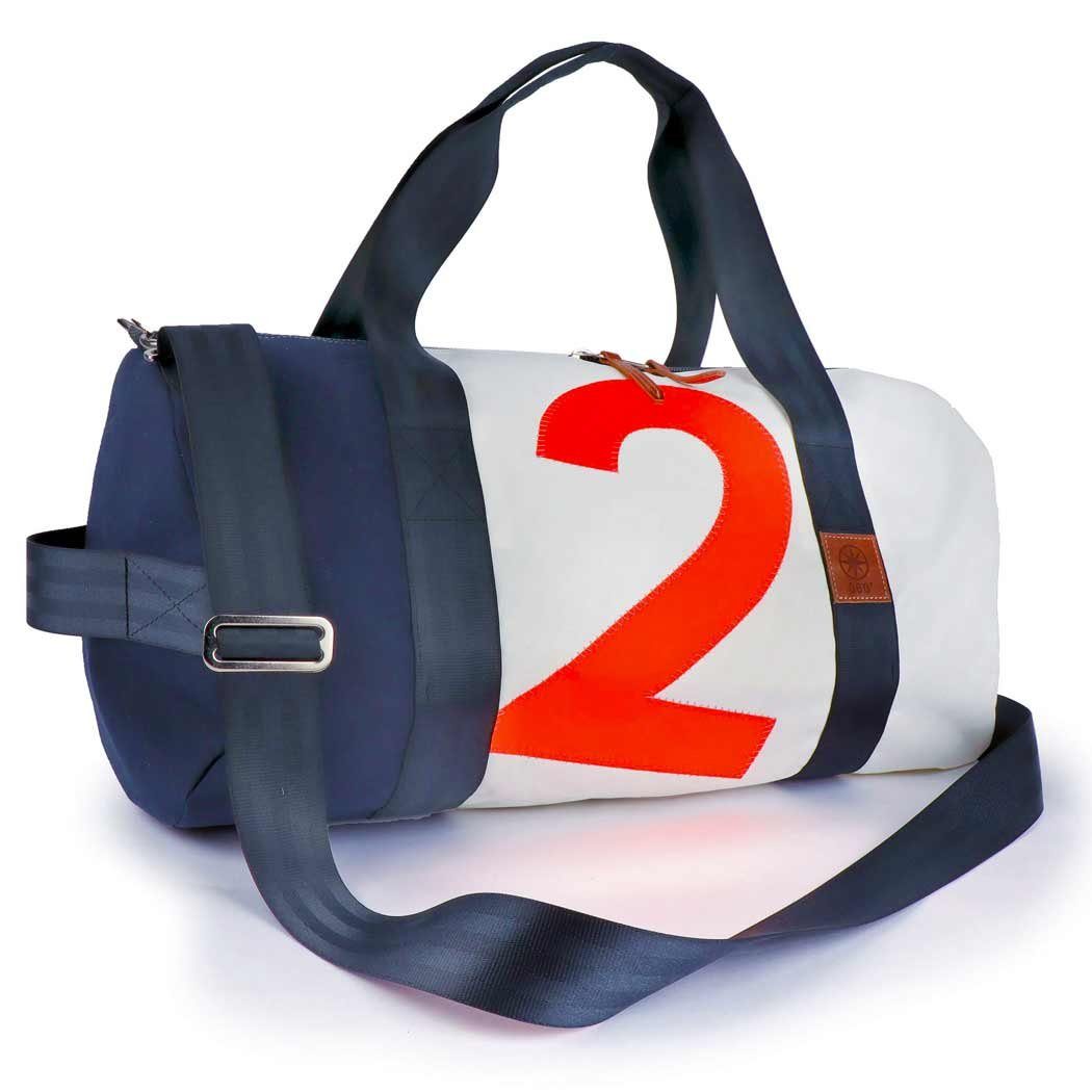 360Grad Reisetasche Reisetasche recyceltes Segeltuch Pirat Weiß Blau Zahl Orange