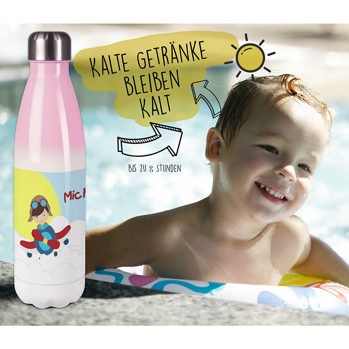 Edelstahl Kinder Thermoflasche / Trinkflasche bunt Flugzeug-Wolken Spülmaschinenfest, Auslaufsicher, Bruchfest, Doppelwandig, Für Heißgetränke geeignet, Mit Deckel, Isoliert