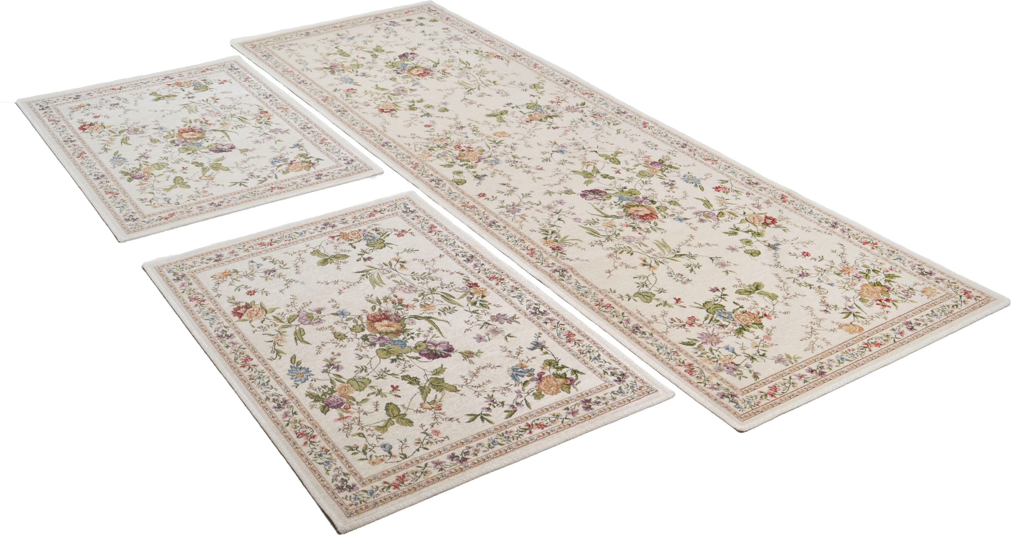 Bettumrandung Flomi Sagrini THEKO, Höhe 3 mm, (3-tlg), Läufer-Set, Flachgewebe, gewebt, Pastell-Farben, Blumen Design