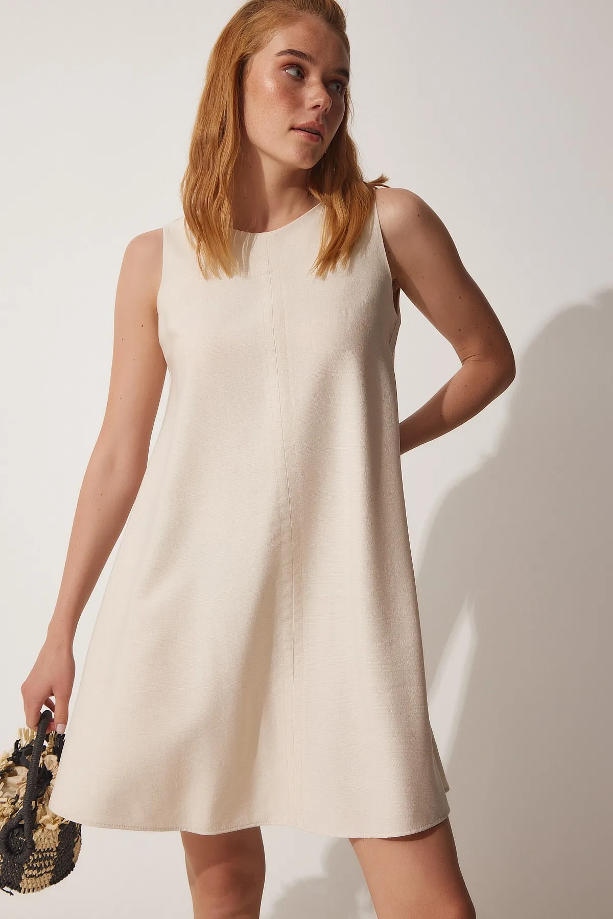 Happiness İstanbul  Cremefarbenes, gewebtes A-Linien-Sommerkleid für Damen BF00067