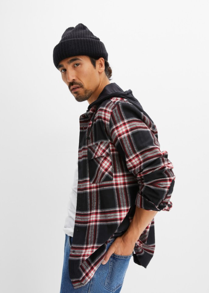 Flanell-Langarmhemd mit abnehmbarer Kapuze
