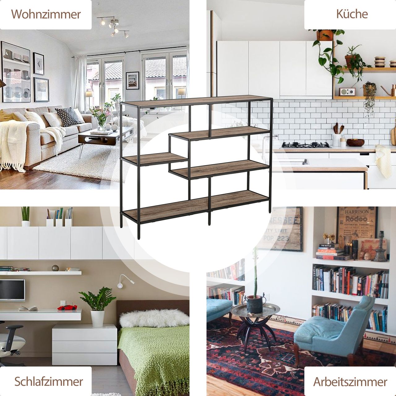 HOMCOM Standregal, Bücherregal Lagerregal Industrieller Stil, Aktenregal, Küchenregal, P2 Spanplatte, Metall, Schwarz helle Eiche, 120 x 32 x 95 cm